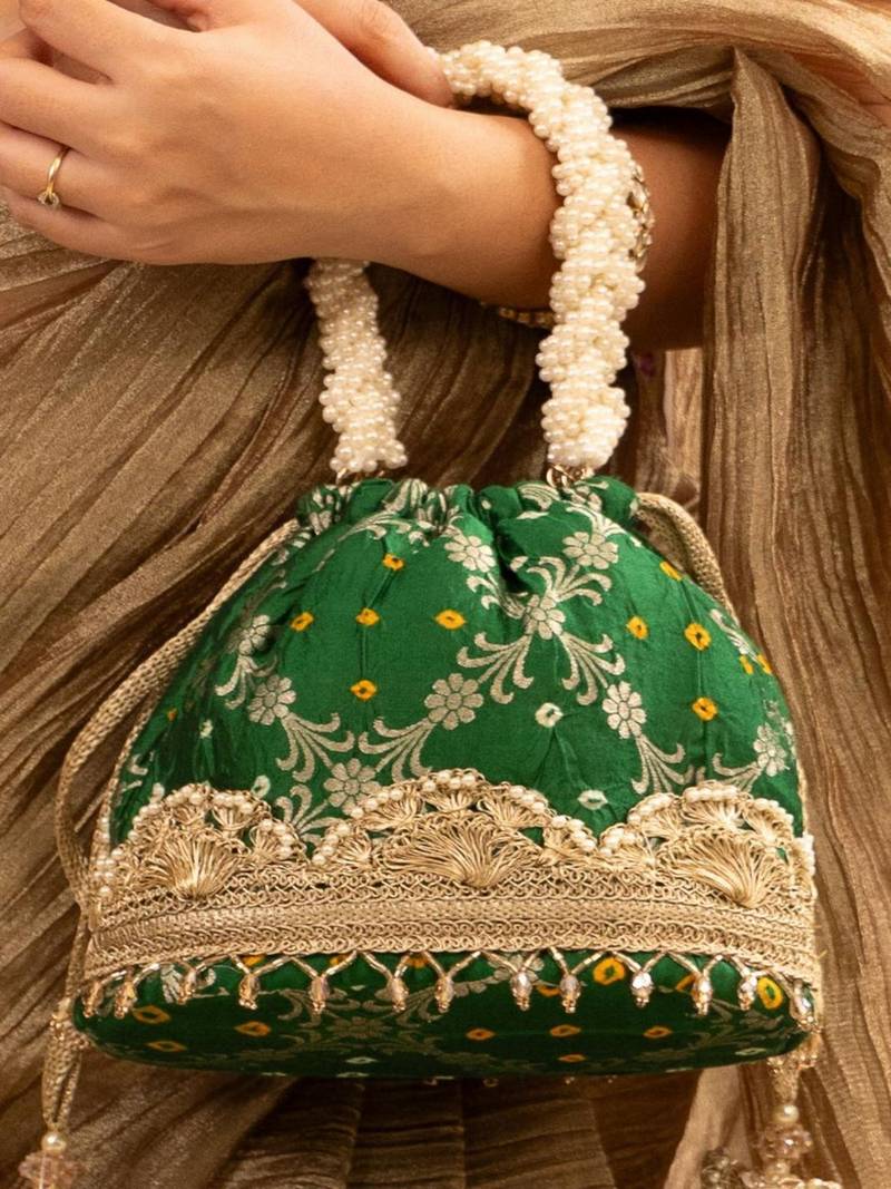 Green silk embroidered potli bag