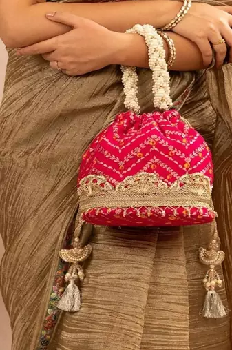 Pink silk embroidered potli bag