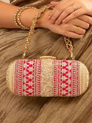 Pink silk embroidered clutch 1