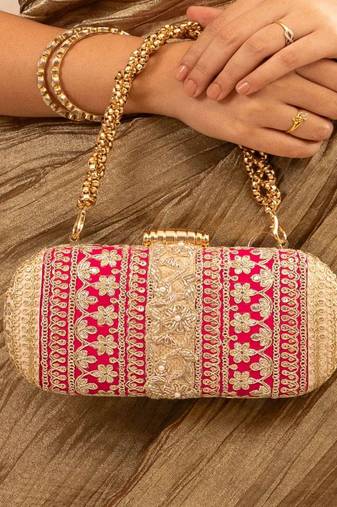 Pink silk embroidered clutch