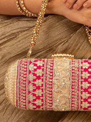 Pink silk embroidered clutch 2