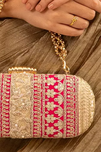 Pink silk embroidered clutch