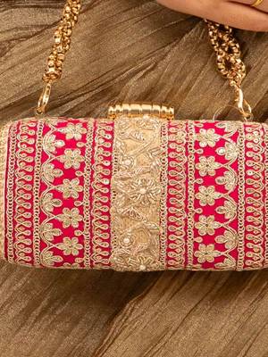 Pink silk embroidered clutch 4