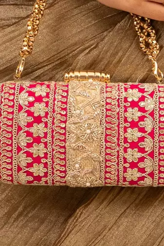 Pink silk embroidered clutch