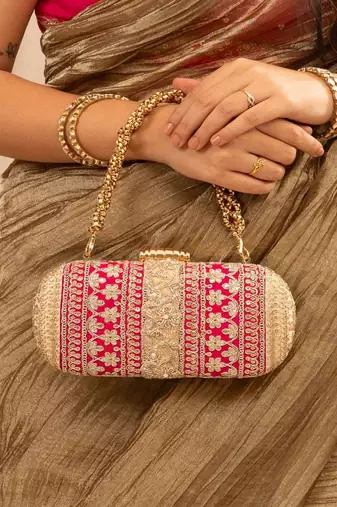 Pink silk embroidered clutch
