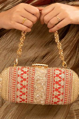 Red silk embroidered clutch