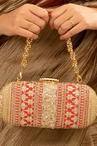 Red silk embroidered clutch