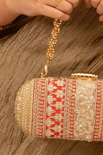 Red silk embroidered clutch