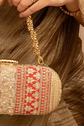 Red silk embroidered clutch