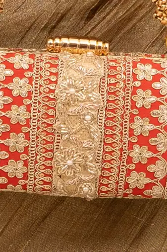 Red silk embroidered clutch