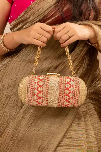Red silk embroidered clutch