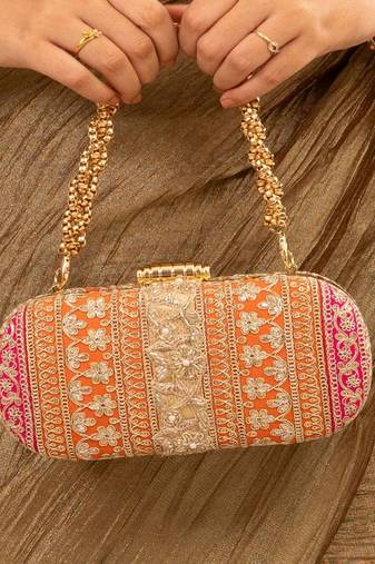 Orange silk embroidered clutch