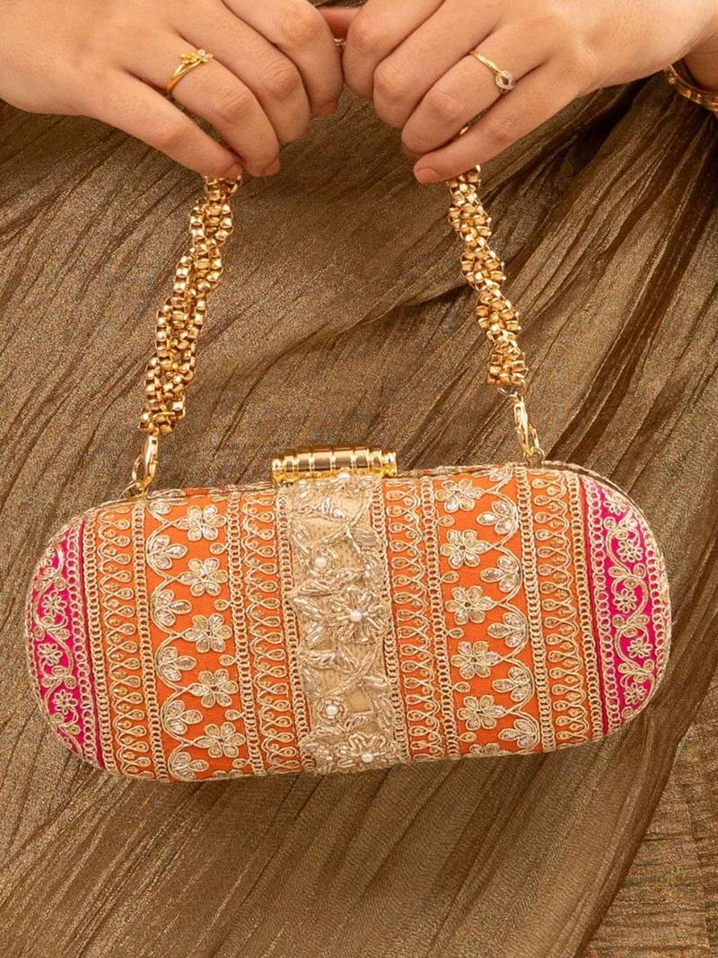 Orange silk embroidered clutch