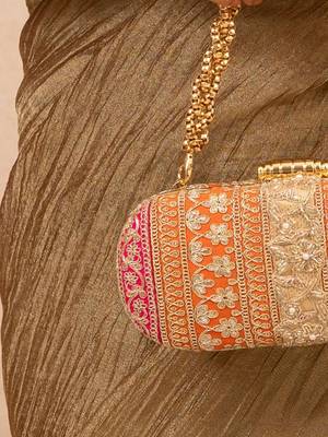 Orange silk embroidered clutch 2