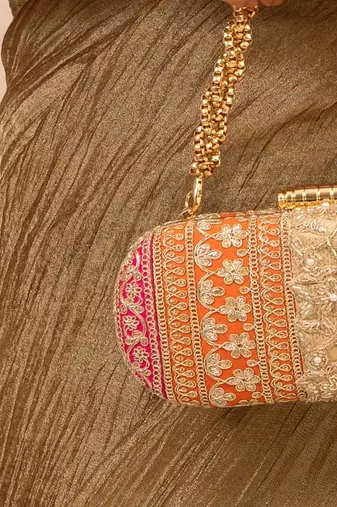 Orange silk embroidered clutch