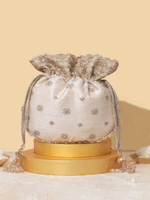 Beige silk embroidered potli bag 1