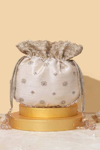 Beige silk embroidered potli bag