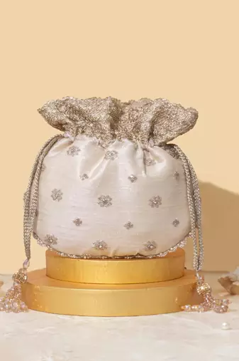 Beige silk embroidered potli bag