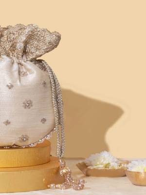 Beige silk embroidered potli bag 2