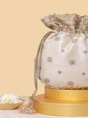 Beige silk embroidered potli bag 3