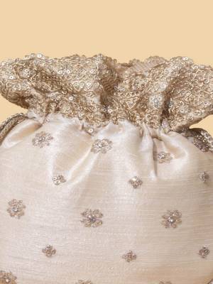 Beige silk embroidered potli bag 4