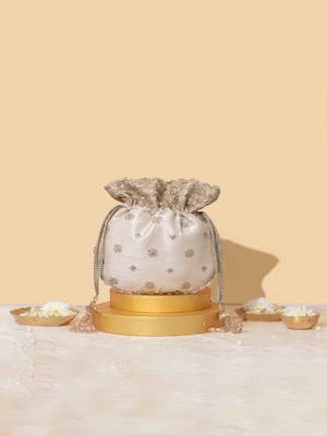 Beige silk embroidered potli bag 5