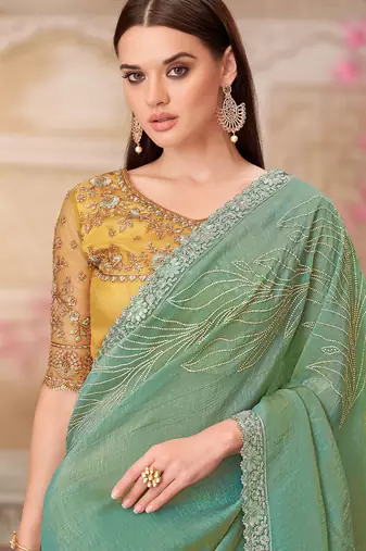 green yellow embroidered saree