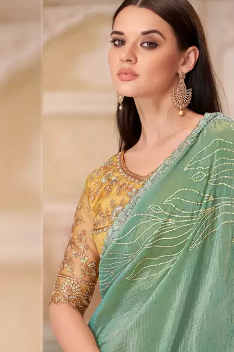 green yellow embroidered saree