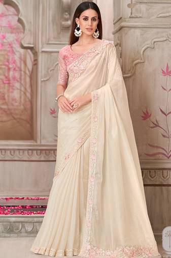 ivory pink embroidered saree
