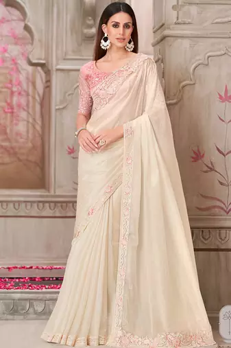 ivory pink embroidered saree