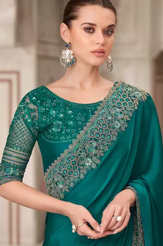 peacock green embroidered saree