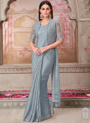 silver grey  embroidered saree with blouse jacket 1