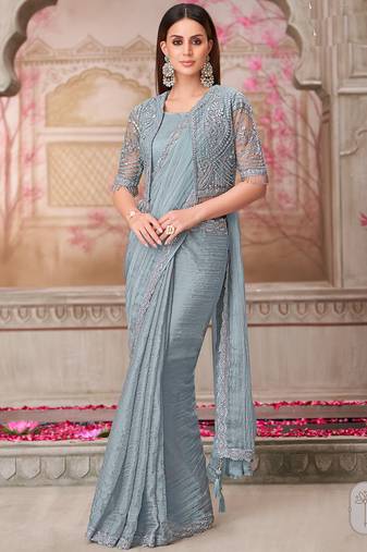 silver grey  embroidered saree