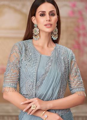 silver grey  embroidered saree with blouse jacket 2