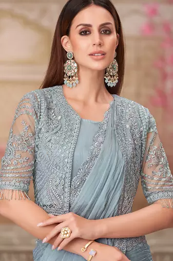 silver grey  embroidered saree with blouse jacket