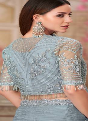 silver grey  embroidered saree with blouse jacket 3