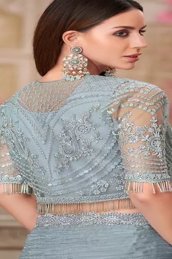 silver grey  embroidered saree with blouse jacket