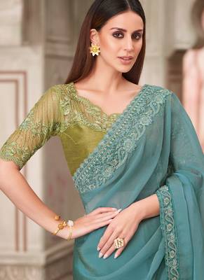 teal green embroidered saree 2