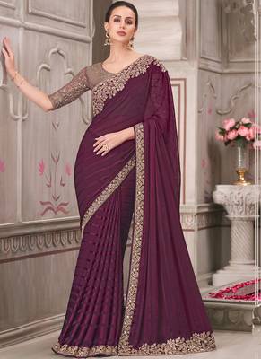 wine embroidered party wear saree 1