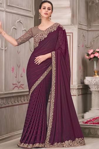 wine embroidered party wear saree