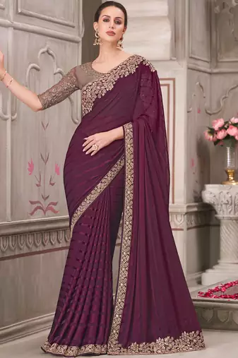 wine embroidered party wear saree
