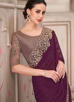 wine embroidered party wear saree 2
