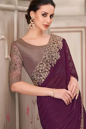 wine embroidered party wear saree