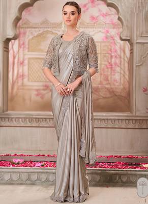 grey embroidered party wear saree with Jacket 1