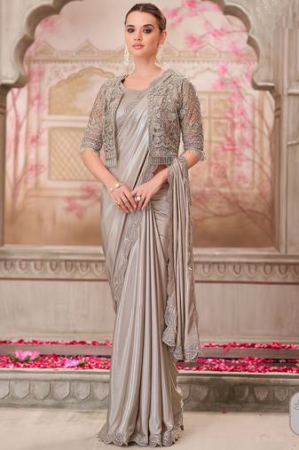 grey embroidered party wear saree