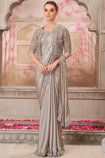 grey embroidered party wear saree with Jacket