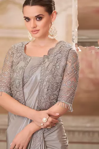 grey embroidered party wear saree with Jacket