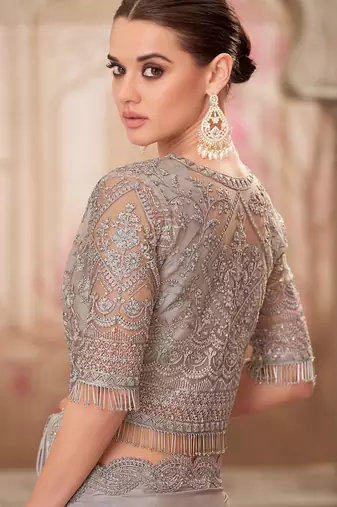 grey embroidered party wear saree with Jacket