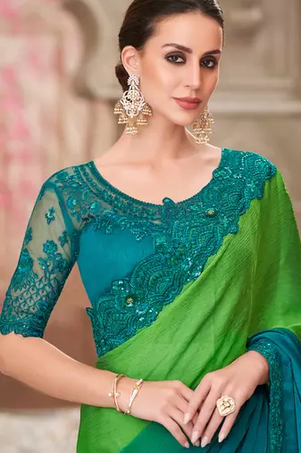 green and blue embroidered saree
