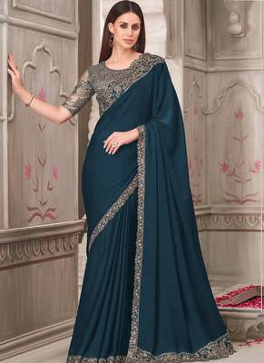 turquoise embroidered party wear saree 1